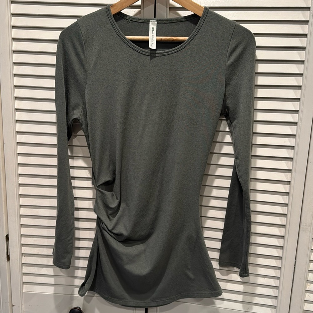 Vanilla Bay Olive Green Ruched Side Draped Long Sleeve Tunic Top